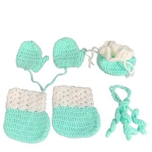 Handmade Crochet My Friend Doll Winter Accessories Booties Mitten Set Aqua White